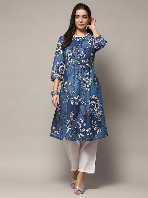Biba Floral Printed Pure Cotton Lace Pleated A-Line Kurta - Image 3