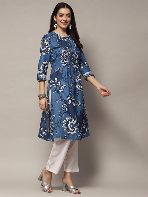 Biba Floral Printed Pure Cotton Lace Pleated A-Line Kurta - Image 4