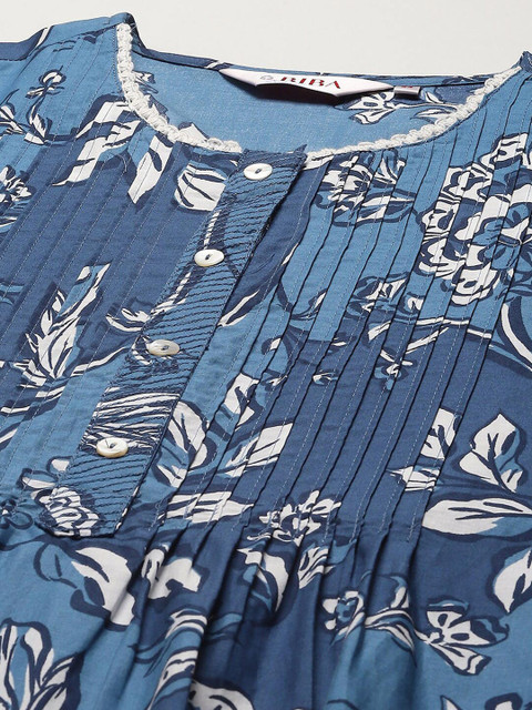 Biba Floral Printed Pure Cotton Lace Pleated A-Line Kurta - Image 2