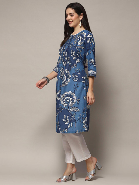 Biba Floral Printed Pure Cotton Lace Pleated A-Line Kurta - Image 5