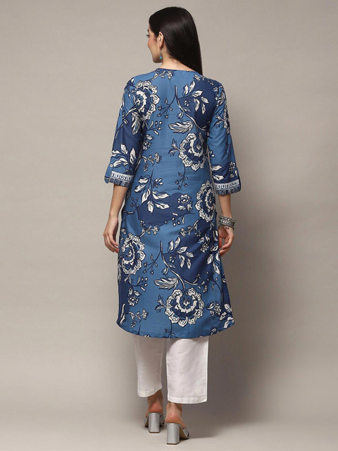 Biba Floral Printed Pure Cotton Lace Pleated A-Line Kurta - Image 6