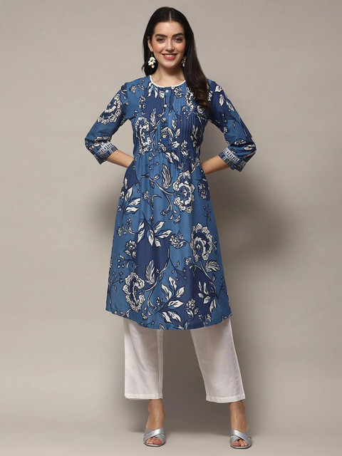 Biba Floral Printed Pure Cotton Lace Pleated A-Line Kurta - Image 7