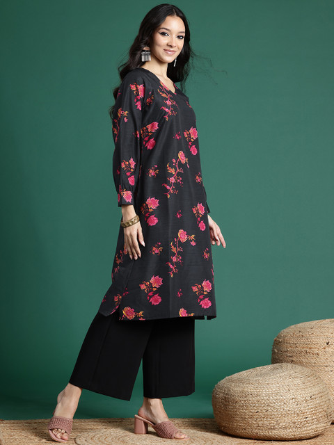 Sangria Puff Sleeves Floral Printed Kurta - Image 4