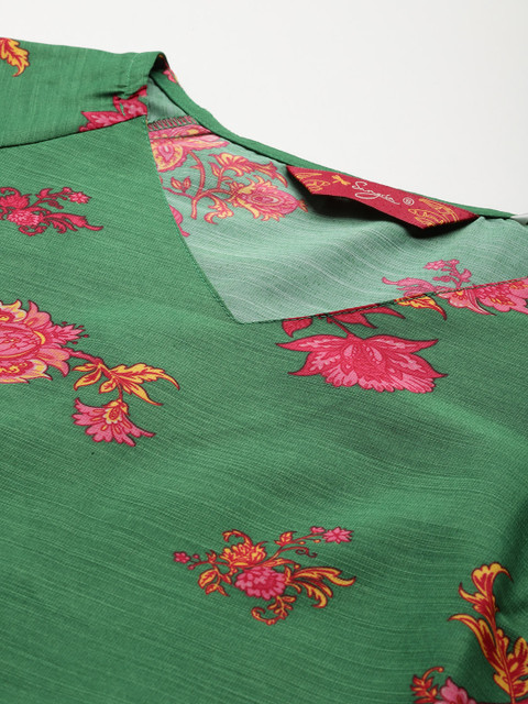 Sangria Women Green Floral Printed V-Neck Puff Long Sleeves Straight Kurta - Image 2