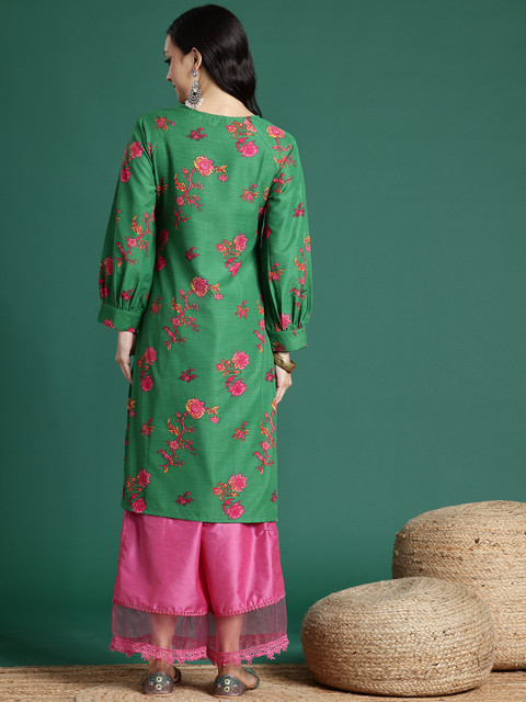 Sangria Women Green Floral Printed V-Neck Puff Long Sleeves Straight Kurta - Image 5