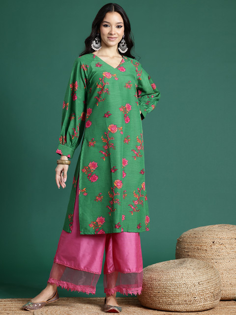 Sangria Women Green Floral Printed V-Neck Puff Long Sleeves Straight Kurta - Image 3
