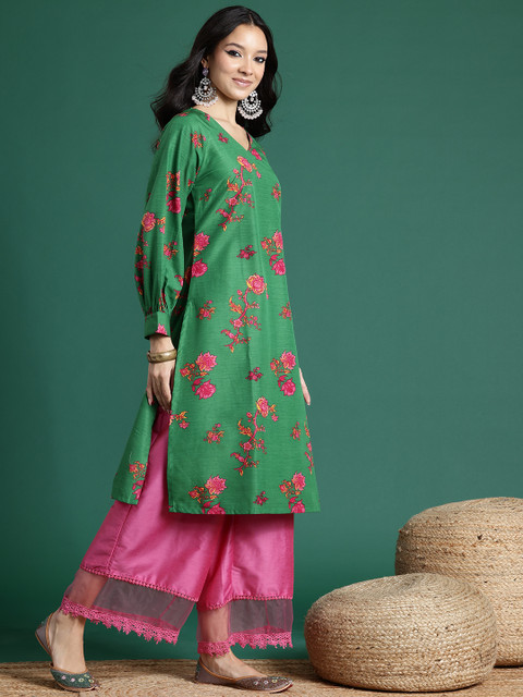 Sangria Women Green Floral Printed V-Neck Puff Long Sleeves Straight Kurta - Image 4