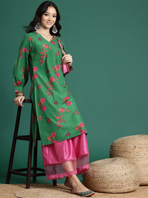 Sangria Women Green Floral Printed V-Neck Puff Long Sleeves Straight Kurta - Image 6
