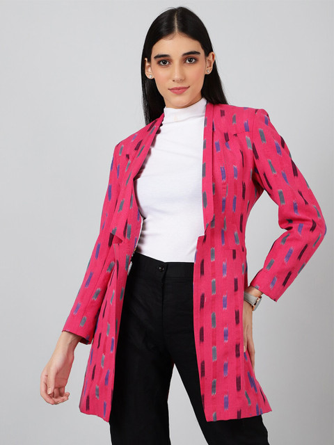 INDOPHILIA Geometric Printed Ikat Satin Cotton Open Front Casual Blazer