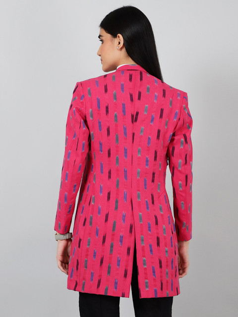 INDOPHILIA Geometric Printed Ikat Satin Cotton Open Front Casual Blazer - Image 4