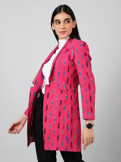 INDOPHILIA Geometric Printed Ikat Satin Cotton Open Front Casual Blazer - Image 3