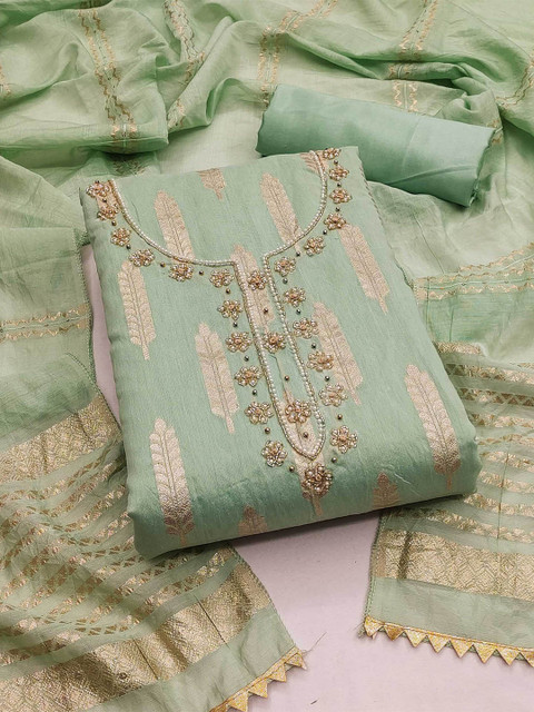 KALINI Woven Design Beads & Stone Banarasi Jacquard Unstitched Dress Material