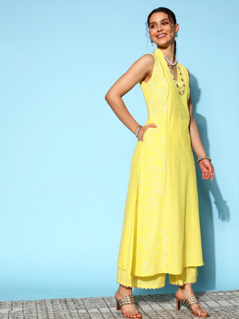 Ahalyaa Floral Embroidered A-Line Kurta With Palazzo - Image 4