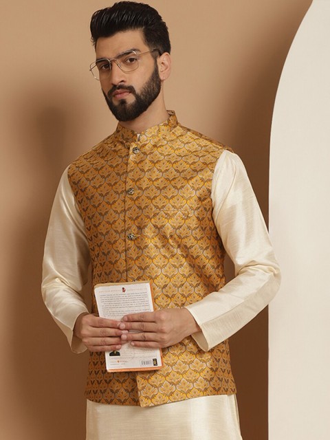 Anouk Mustard Printed Mandarin Collar Nehru Jacket - Image 4