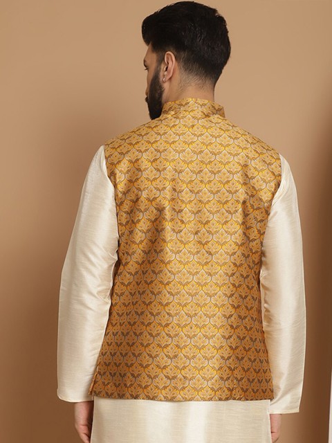 Anouk Mustard Printed Mandarin Collar Nehru Jacket - Image 5