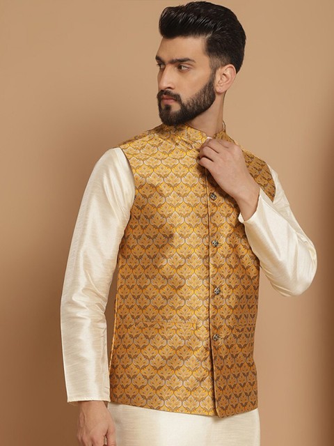 Anouk Mustard Printed Mandarin Collar Nehru Jacket - Image 3
