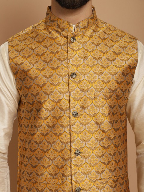 Anouk Mustard Printed Mandarin Collar Nehru Jacket - Image 2