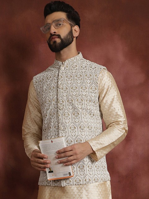 Anouk Metallic Embroidered Mandarin Collar Nehru Jacket - Image 4