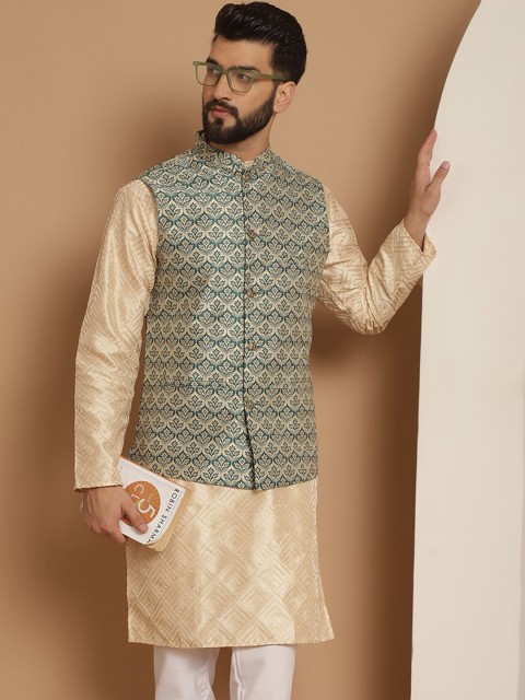 Anouk Green Woven Design Mandarin Collar Nehru Jacket - Image 5