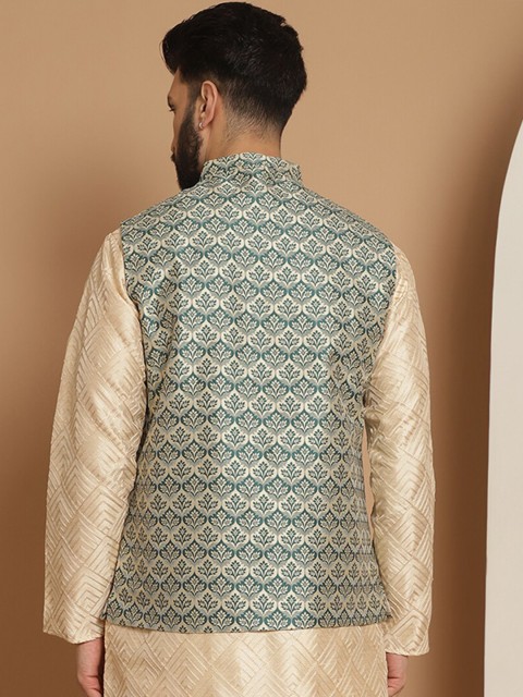 Anouk Green Woven Design Mandarin Collar Nehru Jacket - Image 4