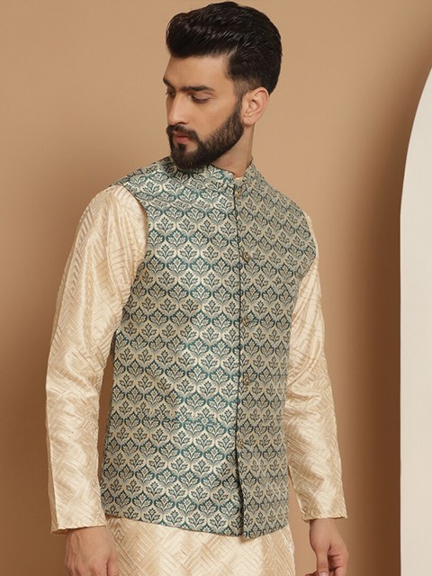 Anouk Green Woven Design Mandarin Collar Nehru Jacket - Image 3