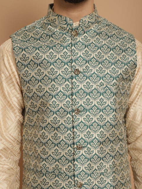 Anouk Green Woven Design Mandarin Collar Nehru Jacket - Image 2
