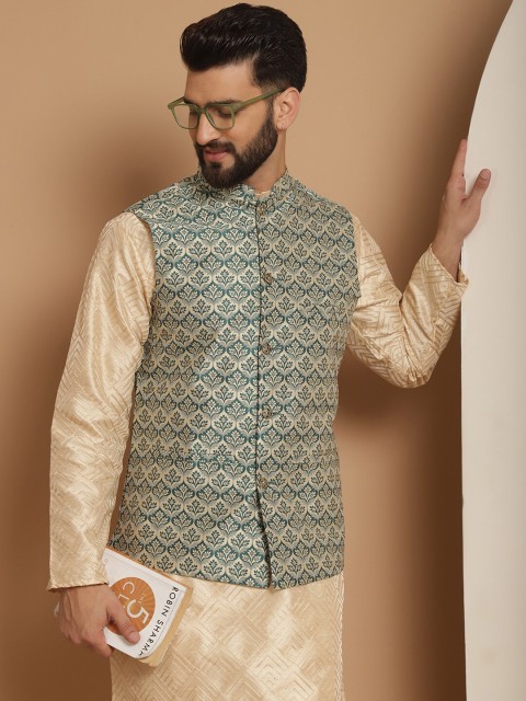 Anouk Green Woven Design Mandarin Collar Nehru Jacket - Image 6