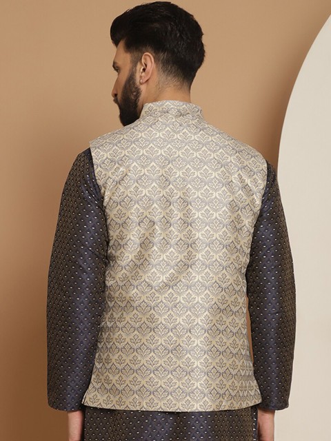 Anouk Grey Woven Design Mandarin Collar Nehru Jacket - Image 4