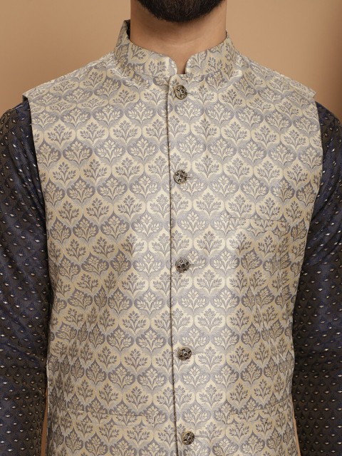 Anouk Grey Woven Design Mandarin Collar Nehru Jacket - Image 2