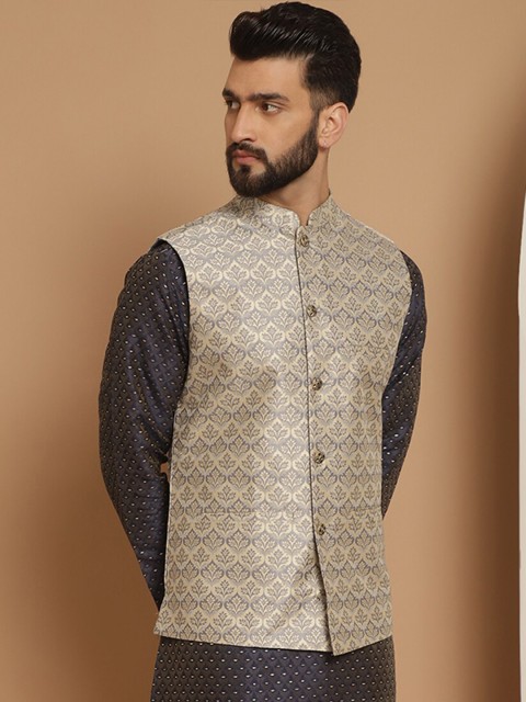 Anouk Grey Woven Design Mandarin Collar Nehru Jacket - Image 3