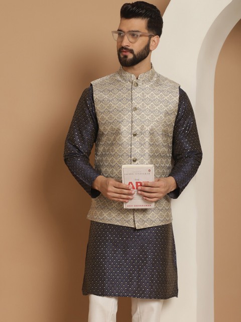 Anouk Grey Woven Design Mandarin Collar Nehru Jacket - Image 5