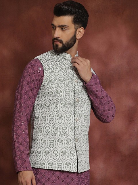 Anouk Green Embroidered Mandarin Collar Nehru Jacket - Image 3