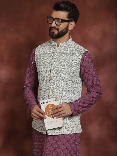 Anouk Green Embroidered Mandarin Collar Nehru Jacket - Image 6