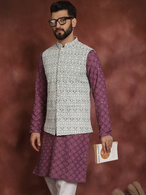 Anouk Green Embroidered Mandarin Collar Nehru Jacket - Image 5