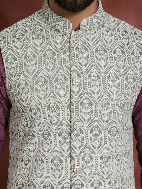 Anouk Green Embroidered Mandarin Collar Nehru Jacket - Image 2