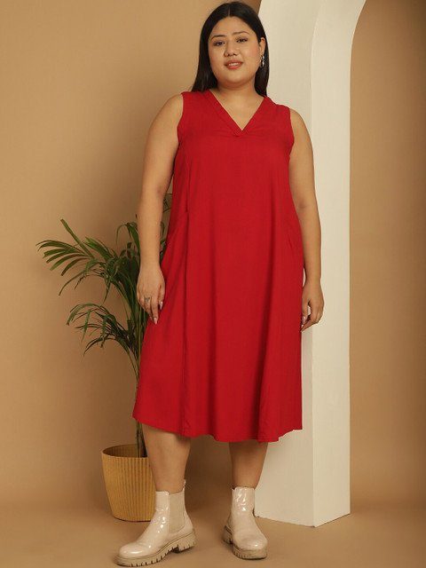 theRebelinme Plus Size V-Neck Sleeveless A-Line Midi Dress