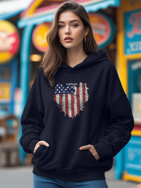 Leotude Women Graphic Printed Hooded Fleece Loose Fit Sweatshirt