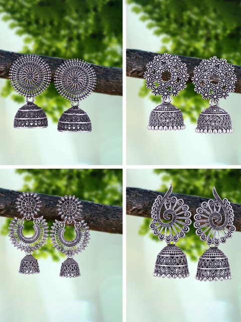 MEENAZ Set Of 4 Silver-Plated Oxidised Peacock Shaped Jhumkas