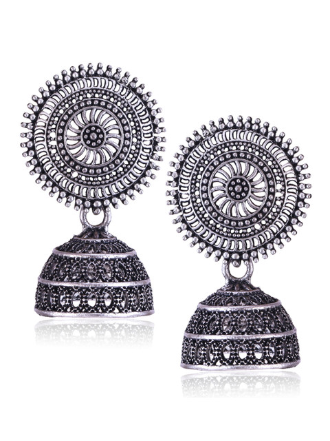 MEENAZ Set Of 4 Silver-Plated Oxidised Peacock Shaped Jhumkas - Image 3