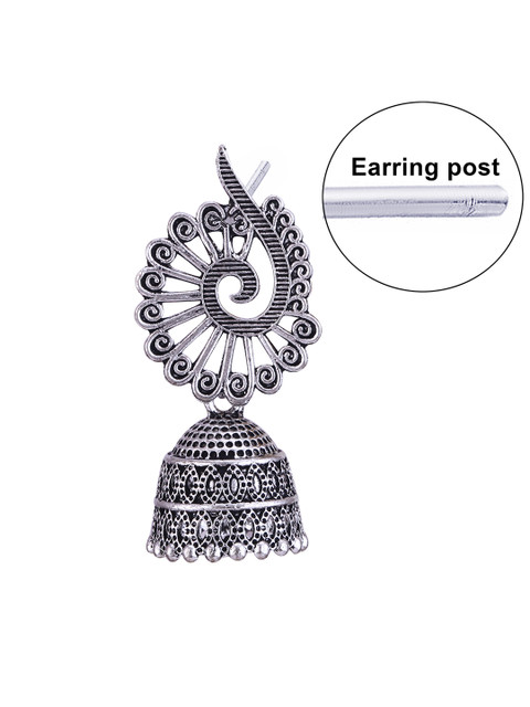 MEENAZ Set Of 4 Silver-Plated Oxidised Peacock Shaped Jhumkas - Image 6