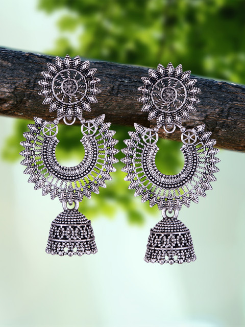 MEENAZ Set Of 4 Silver-Plated Oxidised Peacock Shaped Jhumkas - Image 2