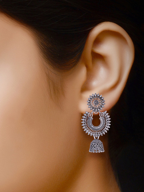 MEENAZ Set Of 4 Silver-Plated Oxidised Peacock Shaped Jhumkas - Image 7