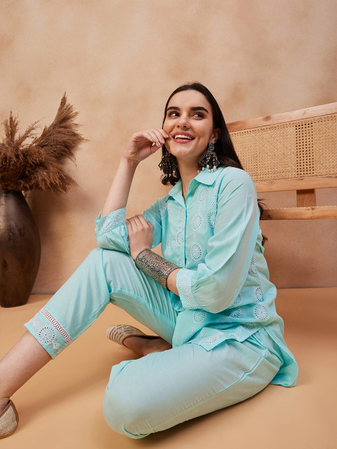 Anouk Schiffli Pure Cotton Shirt-Collar Top With Trouser