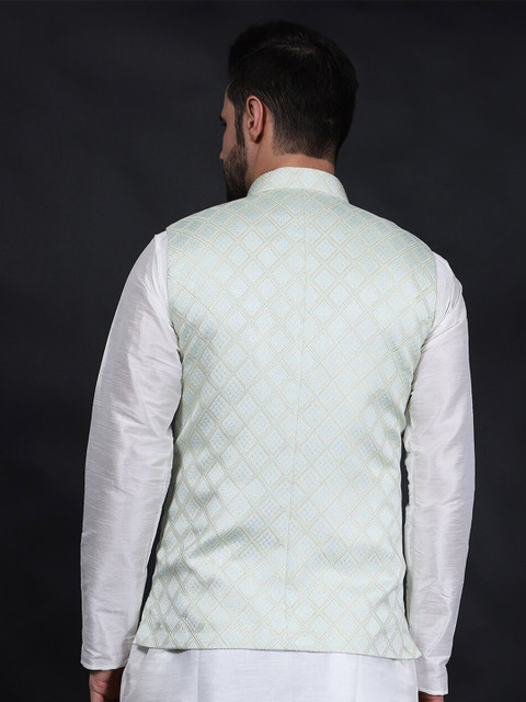 Wintage Woven Design Mandarin Collar Woven Nehru Jacket - Image 4