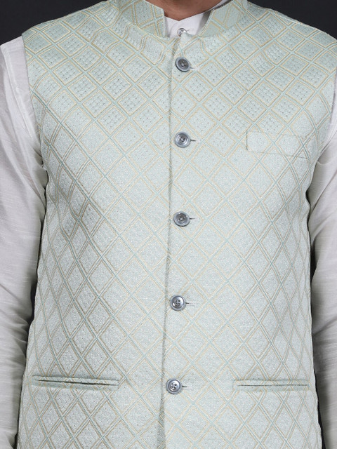 Wintage Woven Design Mandarin Collar Woven Nehru Jacket - Image 2