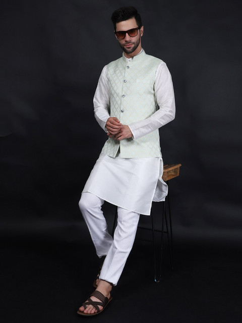 Wintage Woven Design Mandarin Collar Woven Nehru Jacket - Image 5