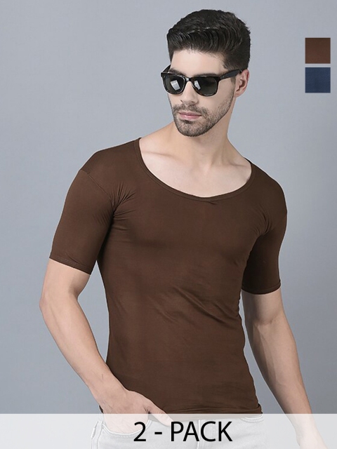 Dollar Lehar Men Combed Cotton Round Neck With Sleeve Vest -Pack of 2- Assorted