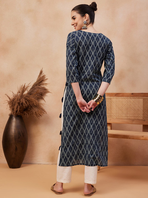 Anouk X fwd Navy Blue Ethnic Motifs Printed Cotton Straight Kurta - Image 5