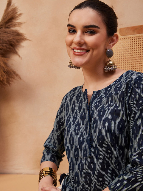 Anouk X fwd Navy Blue Ethnic Motifs Printed Cotton Straight Kurta - Image 2