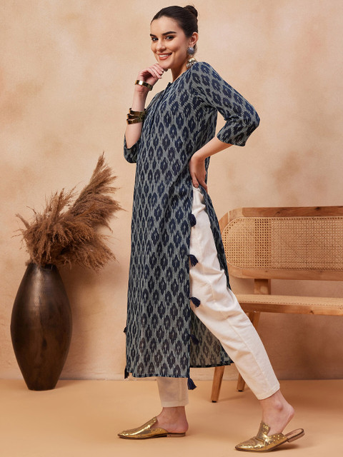 Anouk X fwd Navy Blue Ethnic Motifs Printed Cotton Straight Kurta - Image 4